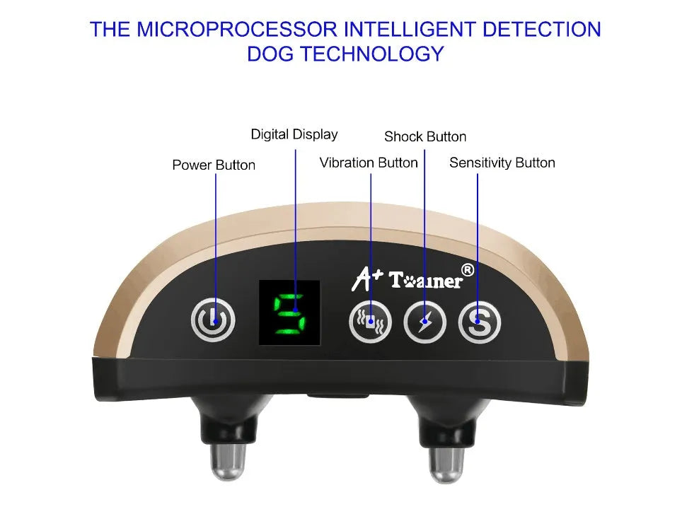 Digital anti-barking collar with adjustable strap for dogs, showing display and reflective safety design