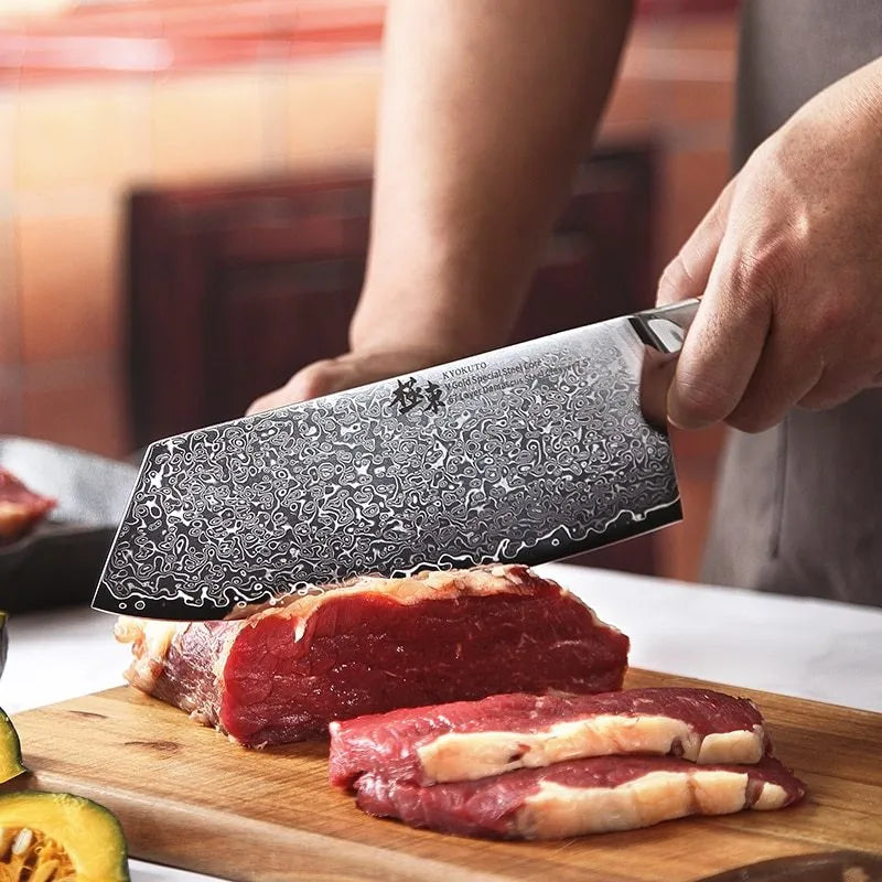 Damascus kitchen knife set with 12 stainless steel knives, 67-layer forging, and New Chinese style design on a wooden block