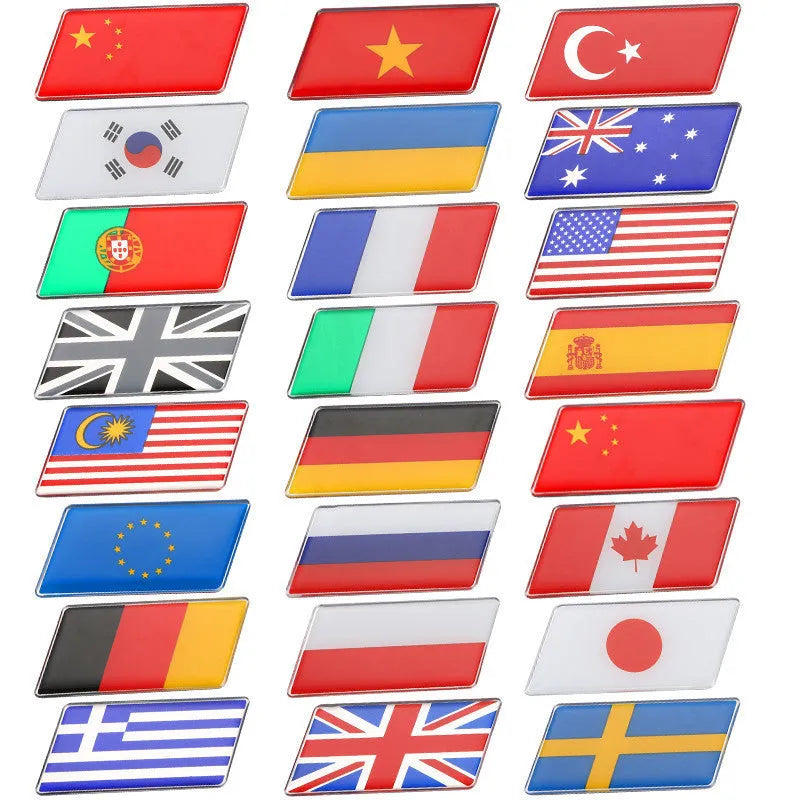 Aluminium national flag car sticker with metal crystal tail tag measuring 6.3cm by 3cm showing parallelogram shape