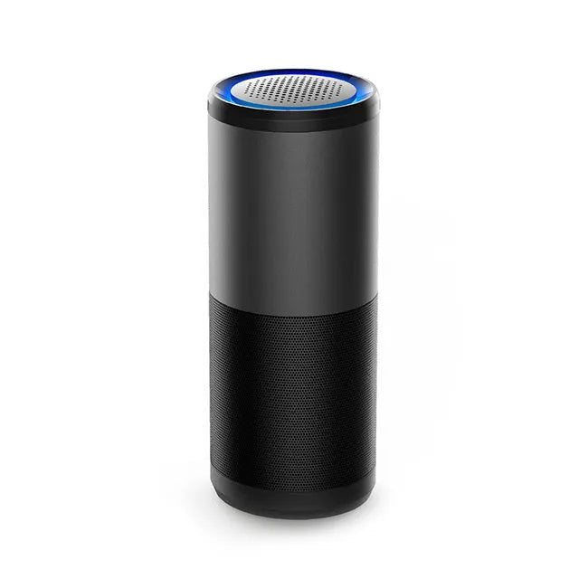 Portable mini car air purifier in black or rosebox, 6.2 cm by 17.2 cm, with smart sensor and USB charging