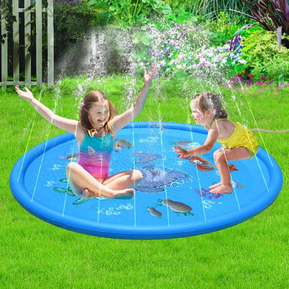 Blue PVC water spray mat for children with marine animal prints, connected to a garden hose.