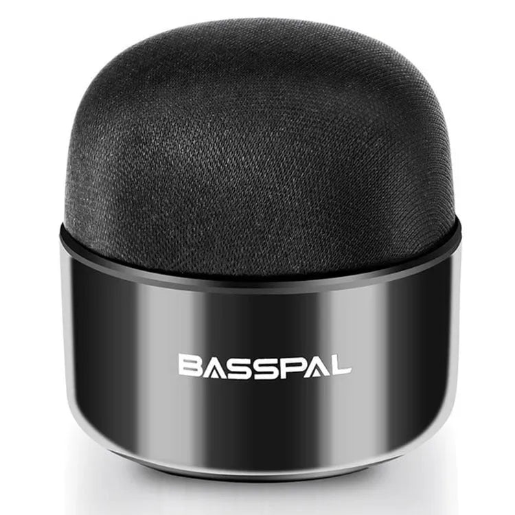 Black waterproof portable Bluetooth speaker showing dimensions and button controls