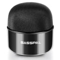Black waterproof portable Bluetooth speaker showing dimensions and button controls