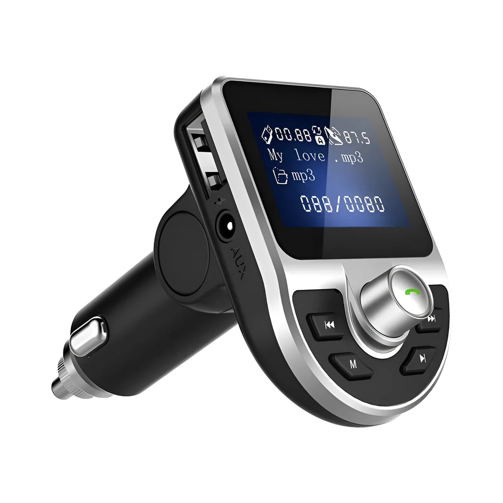 Black Bluetooth 5.0 FM transmitter car MP3 player with USB charger, digital display, and hands-free calling.