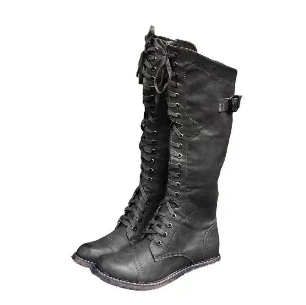 Chunky heel high leg boots in black, wine red, or brown with round toe and 1-3cm low heel