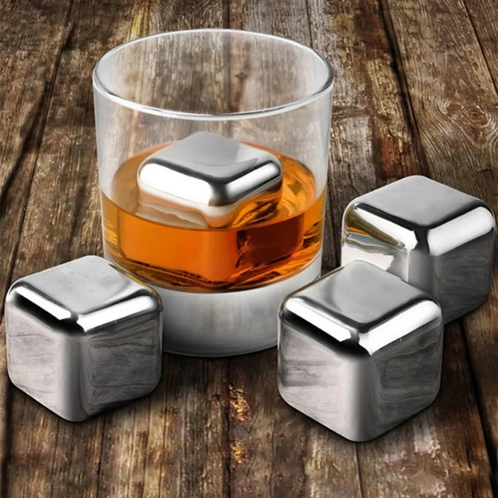 Stainless steel whiskey chilling stones in cube, ball, diamond, and heart shapes with clip