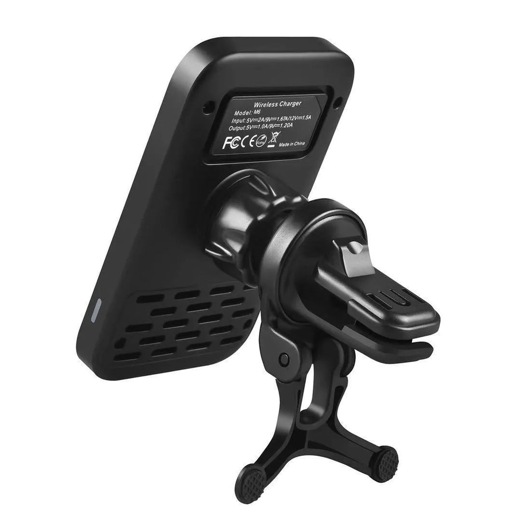 M6 magnetic wireless car charger mounted on vehicle air vent with phone attached