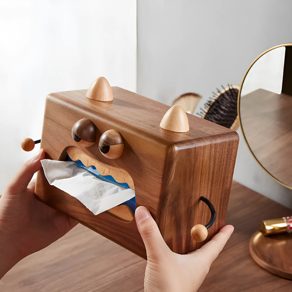 Little Monster cartoon design wooden tissue box in walnut beech colour