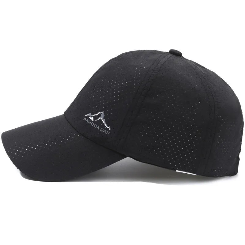Light grey adjustable polyester baseball cap with a dome crown on a solid background.
