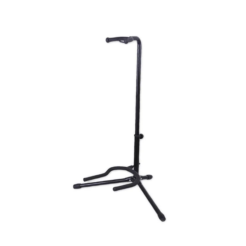 Black metal foldable guitar floor stand with soft rubber protectors for acoustic and electric guitars.