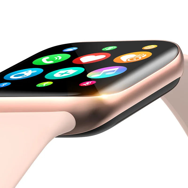 Smart bracelet with zinc alloy case showing a 1.44-inch display, featuring a liquid silicone strap in black, pink, or white.