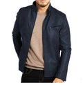 Men's artificial leather motorcycle jacket with stand collar and straight hem design in Army Green colour