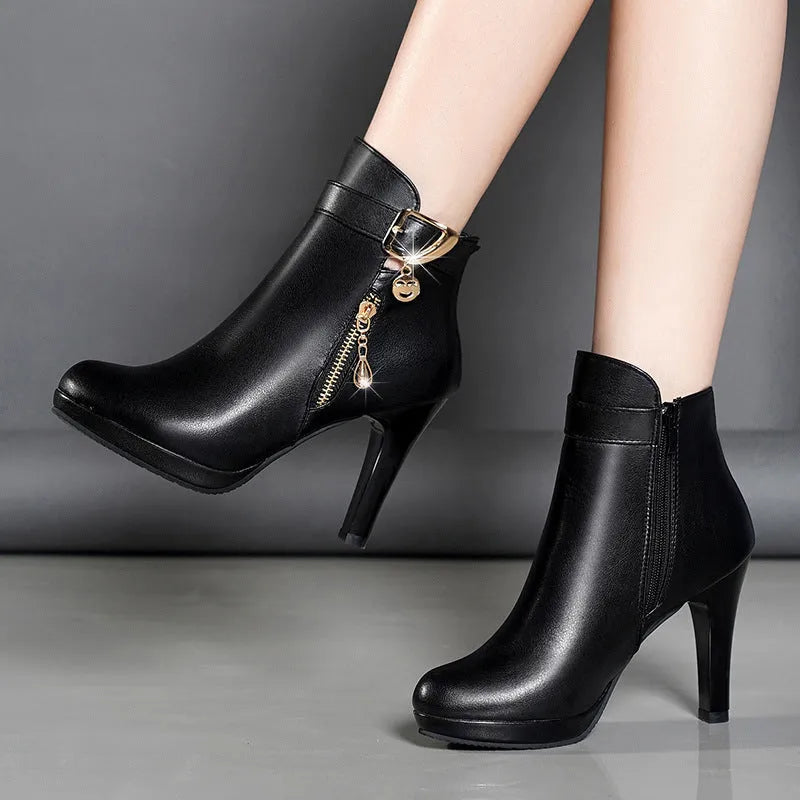Black women's pointed toe high heel boots with 6-8cm fine heel, artificial PU upper and rubber sole