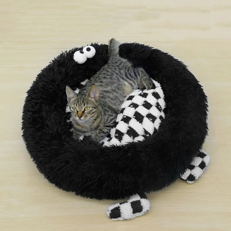 Circular plush dog bed nest for small medium dogs in black, pink, or yellow