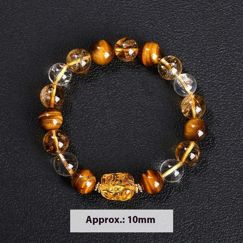 Yellow tiger's eye and citrine bracelet with 10mm round beads, pi xiu charm, and steel fittings