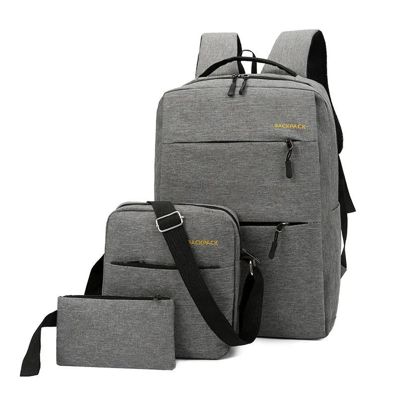 Men's three-bag set with USB port, computer compartment, and air pillow straps in navy blue colour