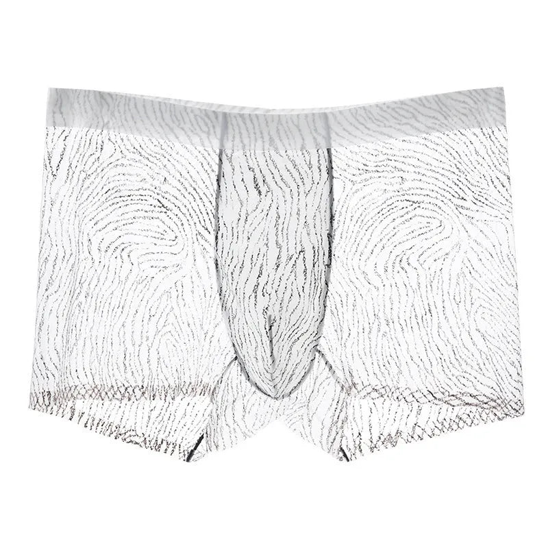 Men's ice silk boxer shorts in a black leopard print camouflage pattern, showing the mid waist design.
