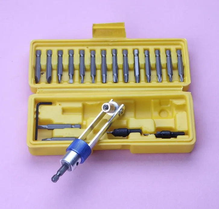 Half Time Drill Driver Set with swivel head, 18 bits including Phillips and flathead, on a workbench