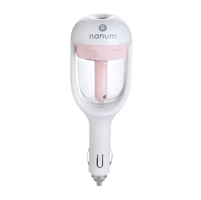 Compact car humidifier with 180-degree rotation nozzle in blue colour, showing ≤380ml/h capacity and 5W power specifications