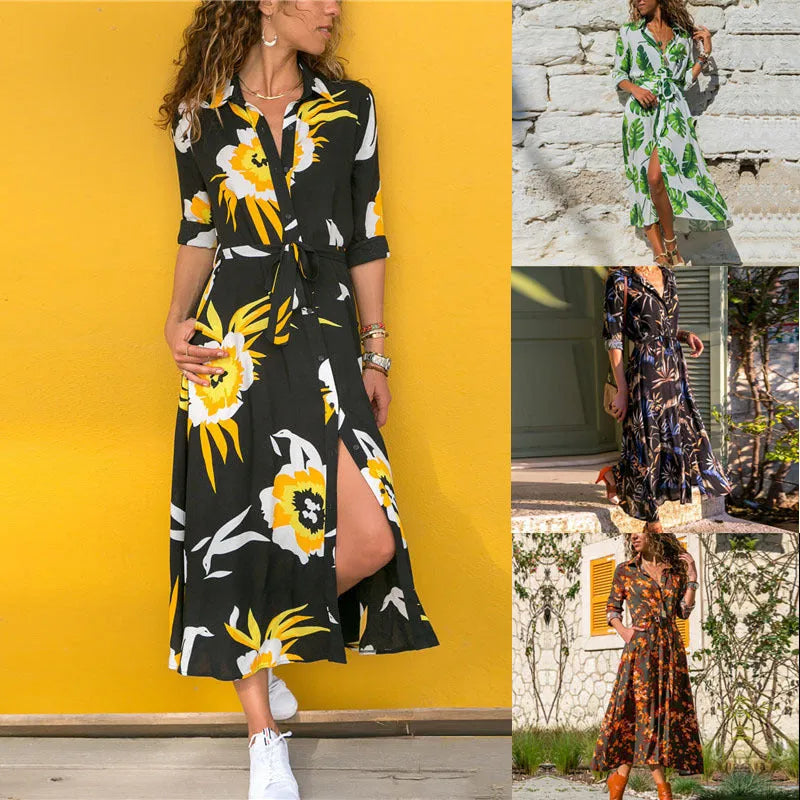Printed chiffon dress with V-neck collar and A-line skirt in midi length