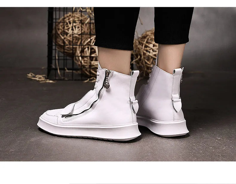 PU leather men's winter ankle boots with microfiber upper in black and white, high-top sneaker style