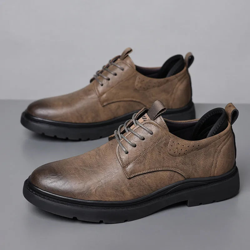 Men's black and brown leather business shoes with rubber soles and sewing line detail