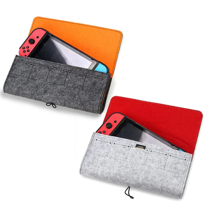 Black felt carrying pouch case for Nintendo Switch console with game card slots open.