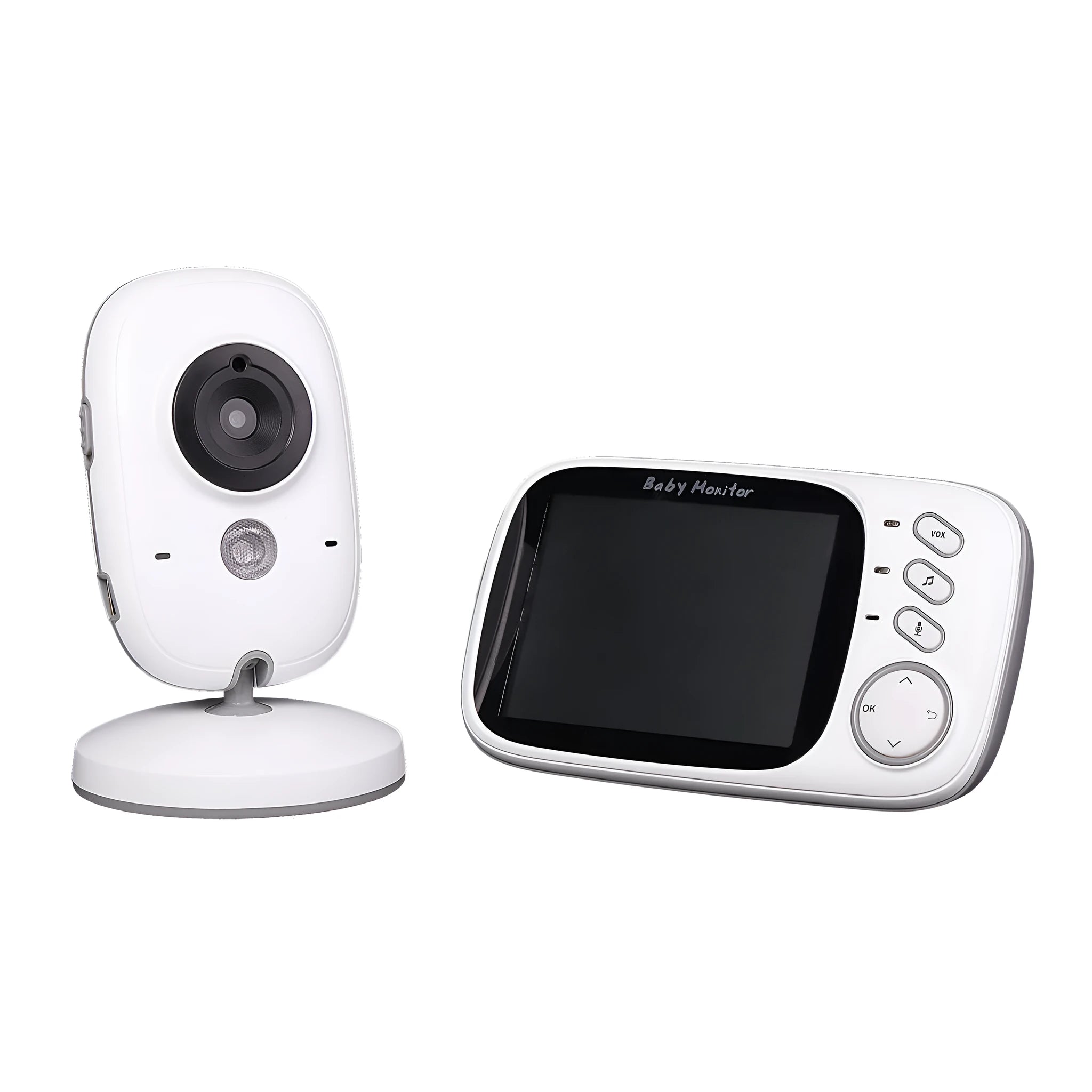 VB603 digital baby monitor showing parent unit with 3.2-inch screen and separate camera with night vision LEDs.