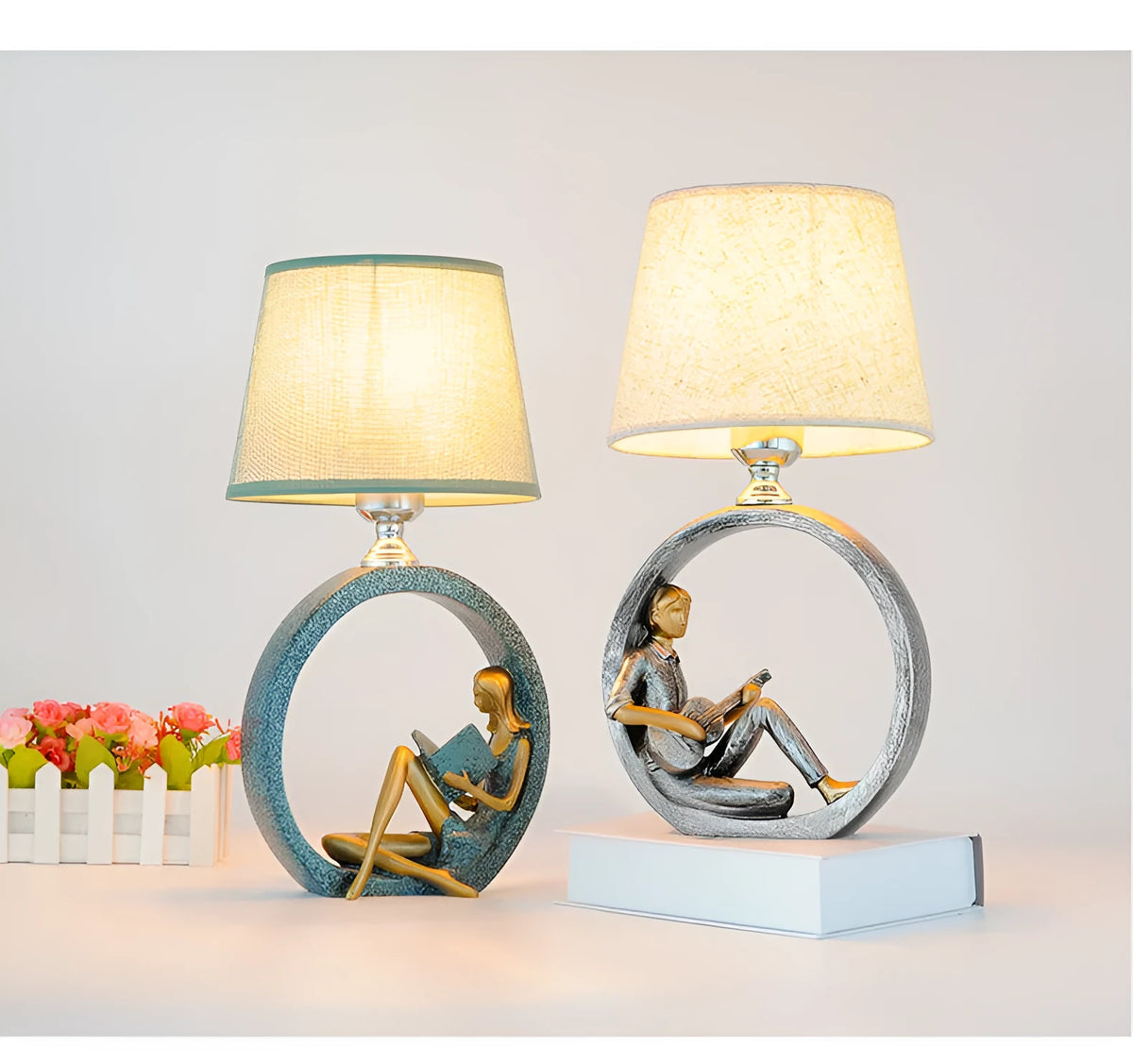 Blue reading girl table lamp in resin and cloth, 20 x 39.8cm, E27 fitting, for bedside or desk use