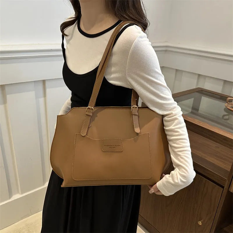 Women's PU leather tote bag with phone compartment in horizontal square design with double shoulder straps