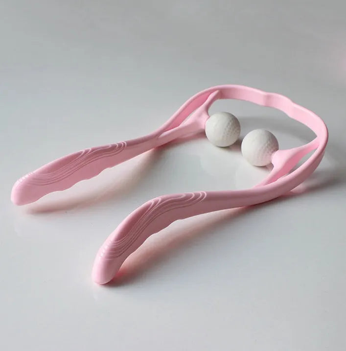 Plastic swan-shaped neck massager in pink, blue, or green with adjustable hand roller for 360° pressure point therapy