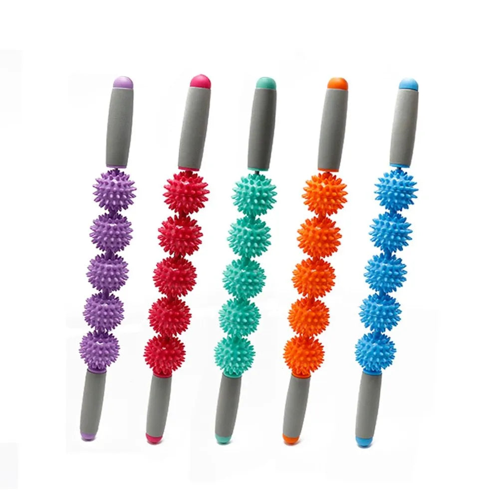 Anti cellulite massage stick with hedgehog balls and padded handles, 41cm or 51cm, in green blue red orange purple.
