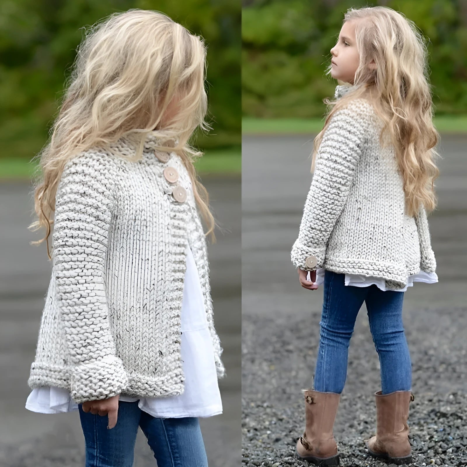 Beige girls cardigan sweater coat with single-breasted closure and long sleeves