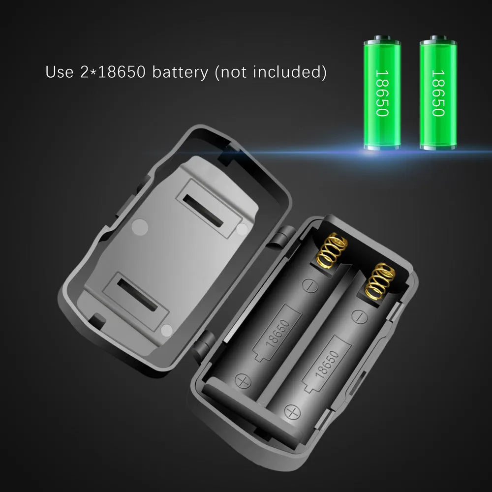 T6 LED headlamp with zoomable head, showing white, red, and green light options, powered by 18650 batteries