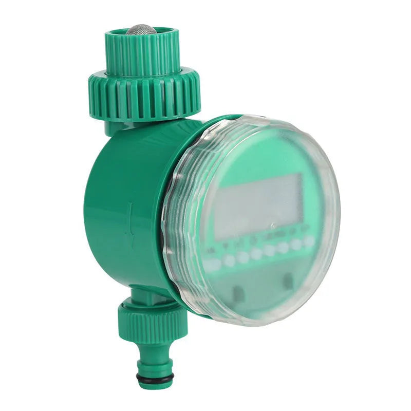 Green automatic watering timer device for drip irrigation systems with household water flow compatibility