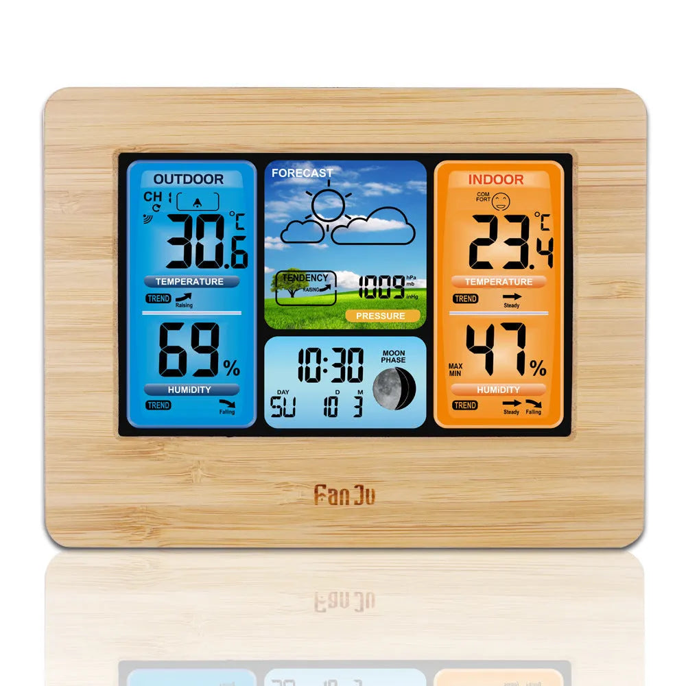 Rectangular black or yellow plastic pocket weather station with LCD display showing time, temperature, and weather icons.