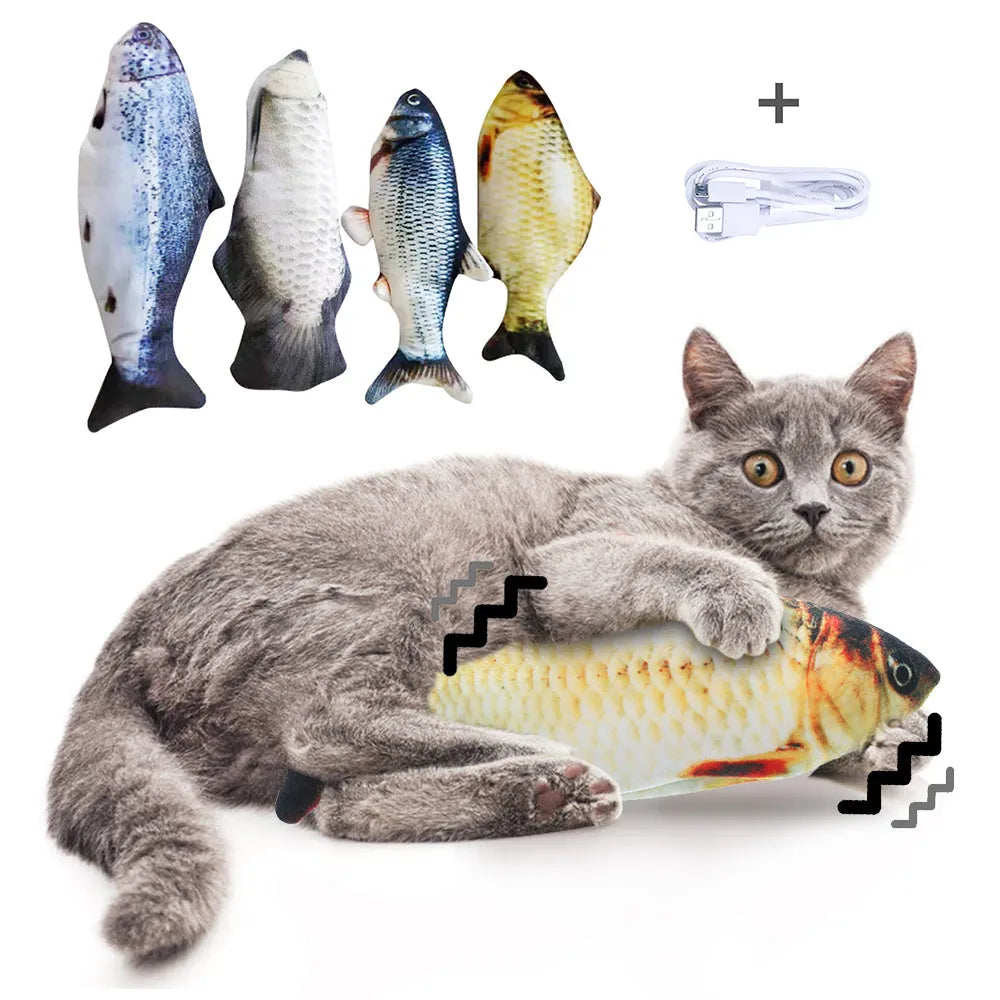 Multicolour 30cm electric jumping fish cat toy with a USB charging cable.