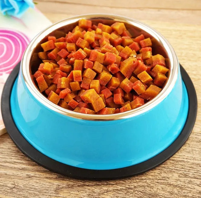Stainless steel pet bowl with colourful melamine exterior and non-slip base for pet feeding