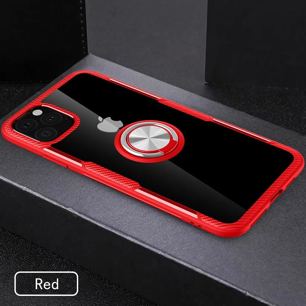 iPhone case with built-in car holder arm in navy blue, showing PU material and lightweight 50g design for protection.