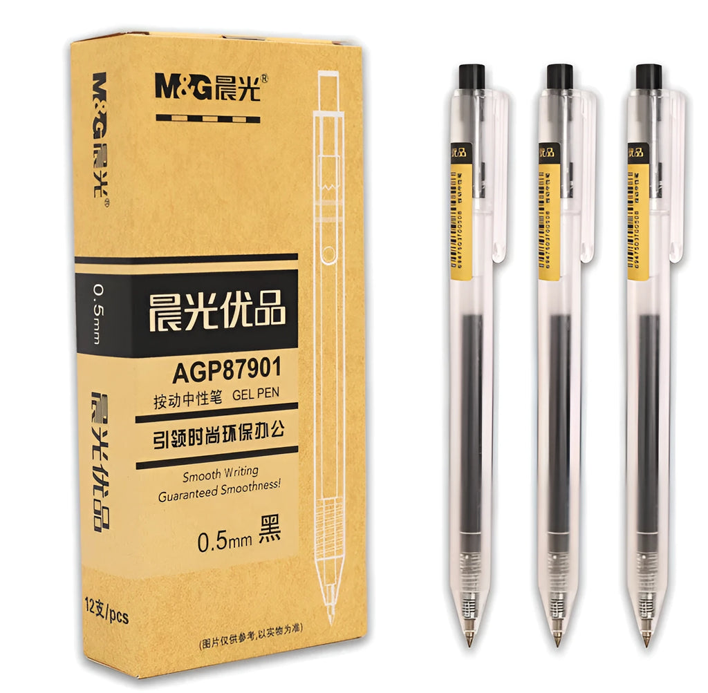 12 black frosted finish retractable gel pens with 0.5mm tips and two refill cartridges