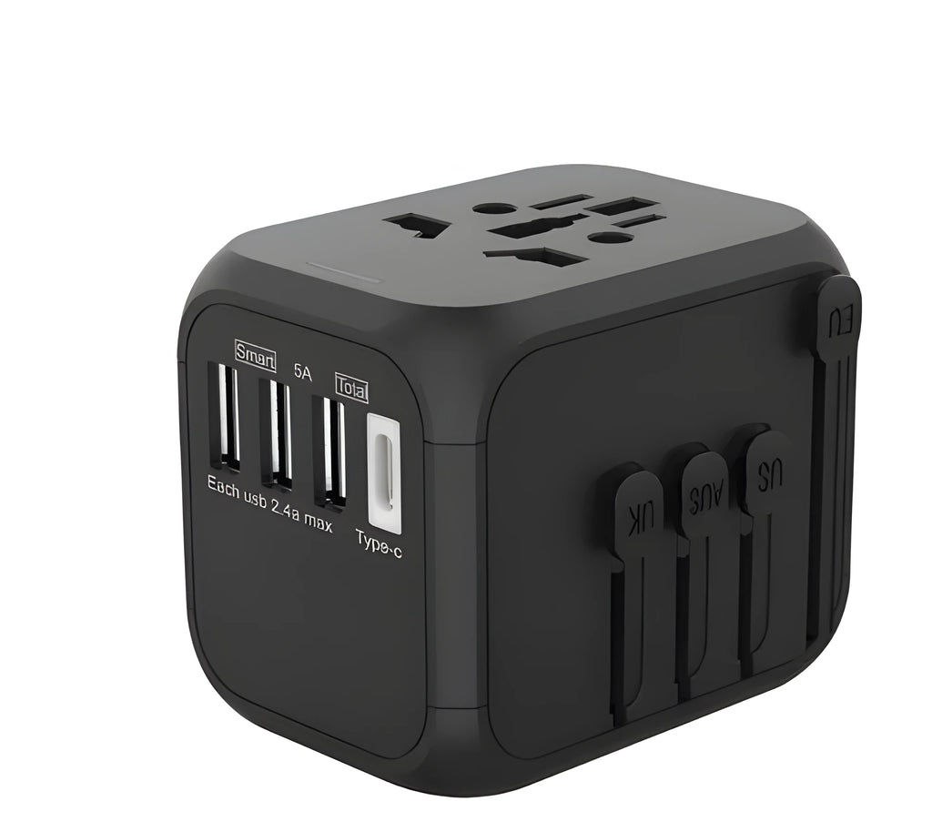 Black UK to EU plug adapter with 6 socket holes showing dimensions