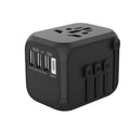 Black UK to EU plug adapter with 6 socket holes showing dimensions