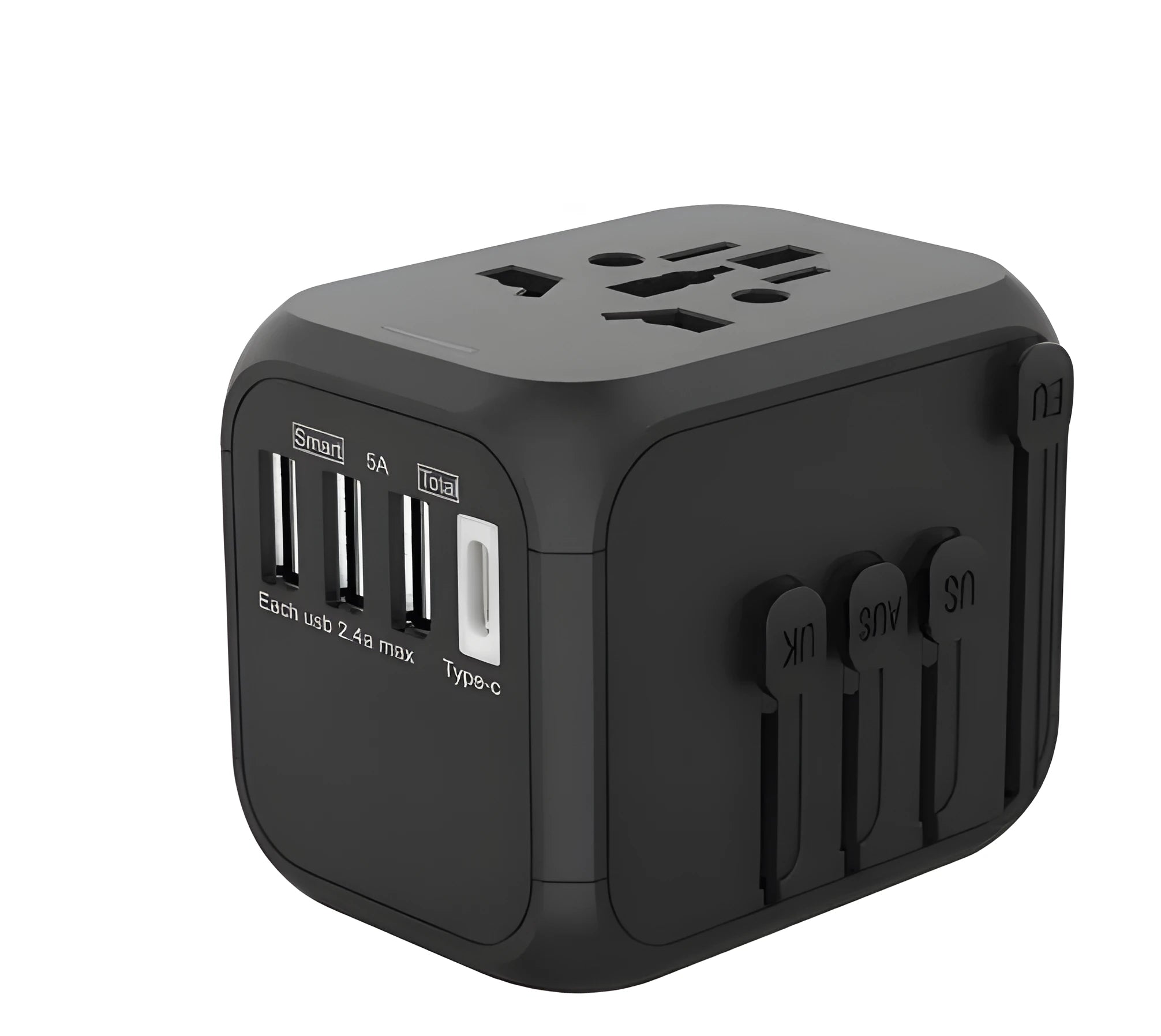 Black UK to EU plug adapter with 6 socket holes showing dimensions