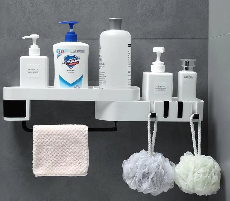 White grey retro European style corner bathroom shelf with suction cup wall mounting