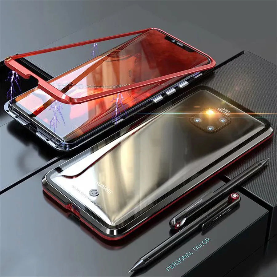 Magnetic phone case with 9H tempered glass back and metal frame in black, blue, red, or white for Huawei Honor phones