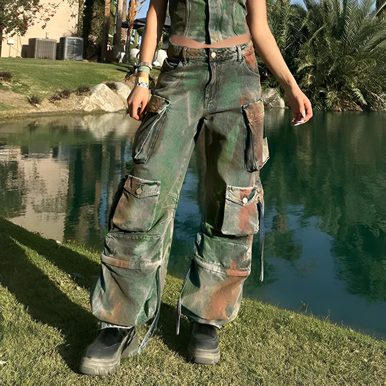 Loose cargo denim trousers with gradient colour pockets on a model, showing street hipster style.