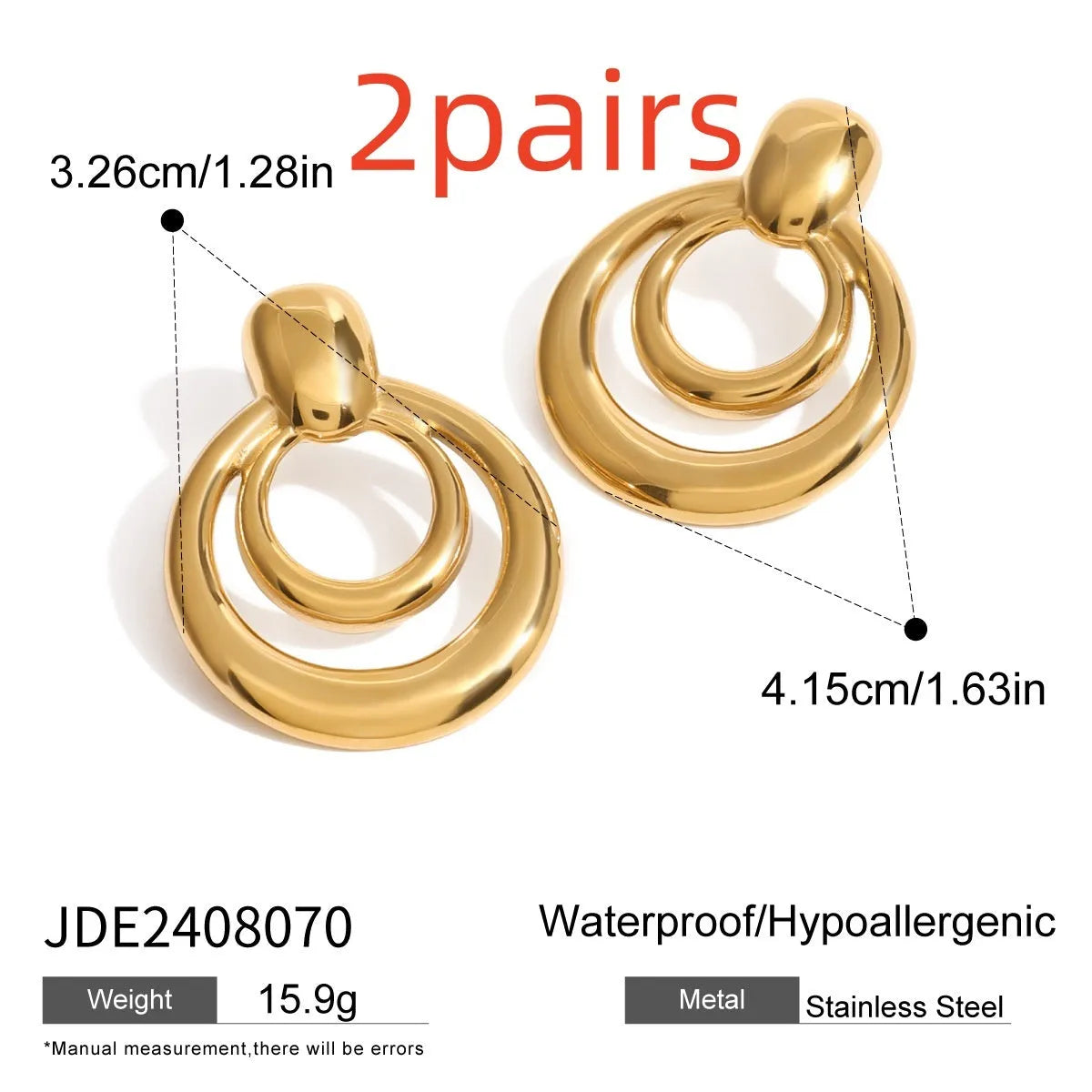 Gold double-layer hollow stud earrings with round 2.5cm diameter geometry and 0.5cm spacing between layers