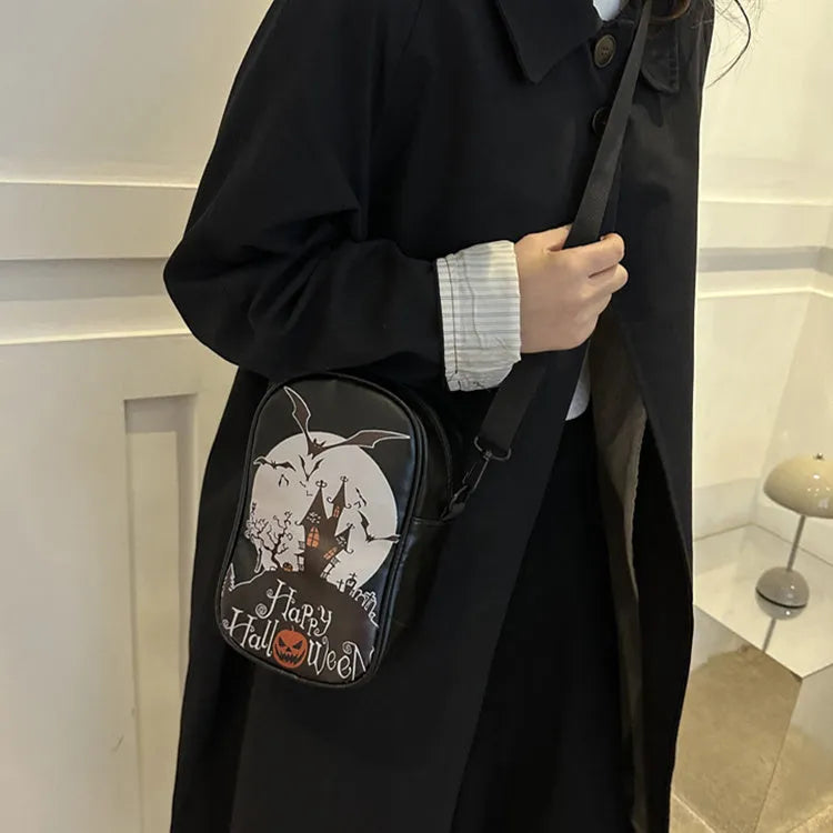 Halloween graffiti crossbody phone bag with pumpkin ghost bat print, 14x23x9.5cm dimensions, PU material