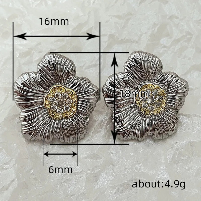 Retro gardenia stud earrings with textured floral design and two-tone electroplated finish