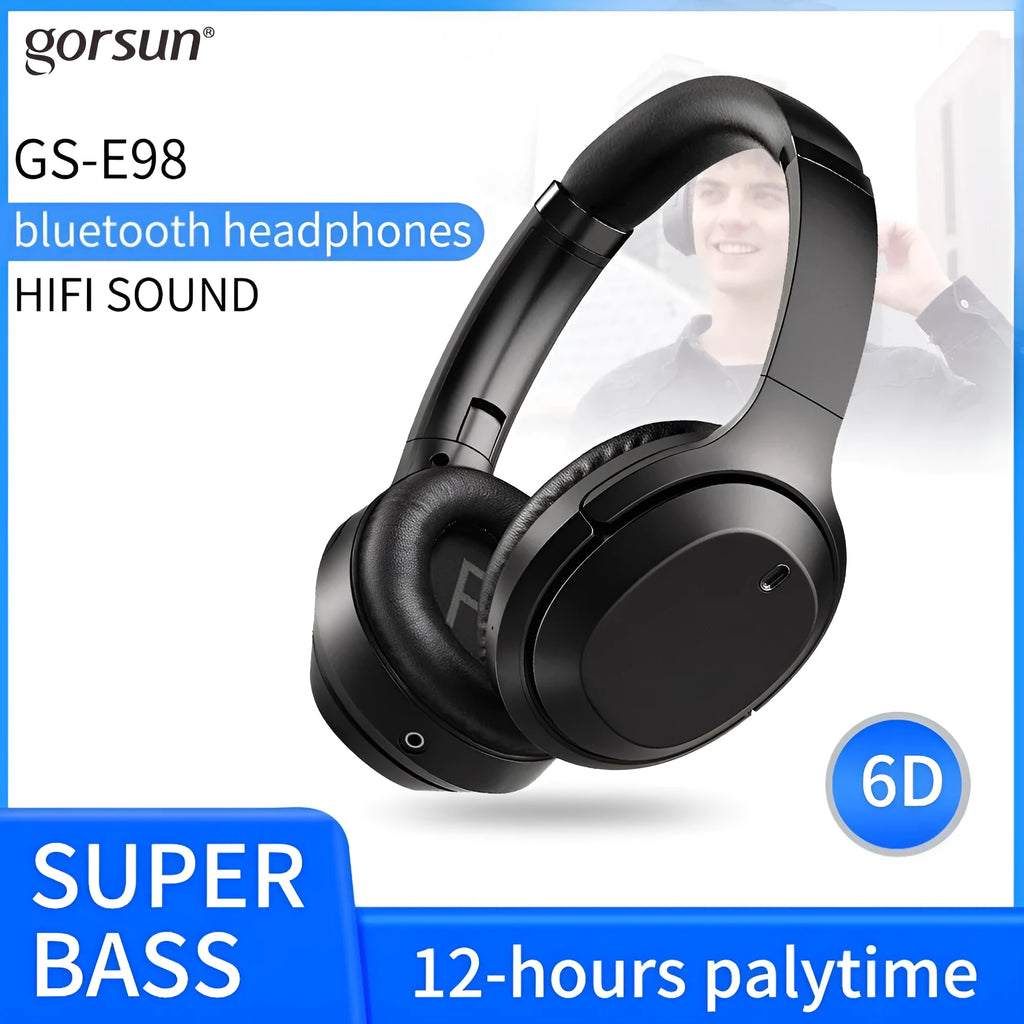 Black Gorsun E98 over-ear wireless Bluetooth headset with memory-protein ear cushions and stainless steel slider.